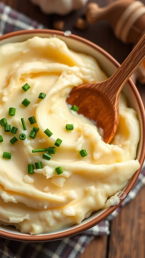 A bowl of creamy garlic mashed potatoes garnished with chives, served with a rustic wooden spoon.